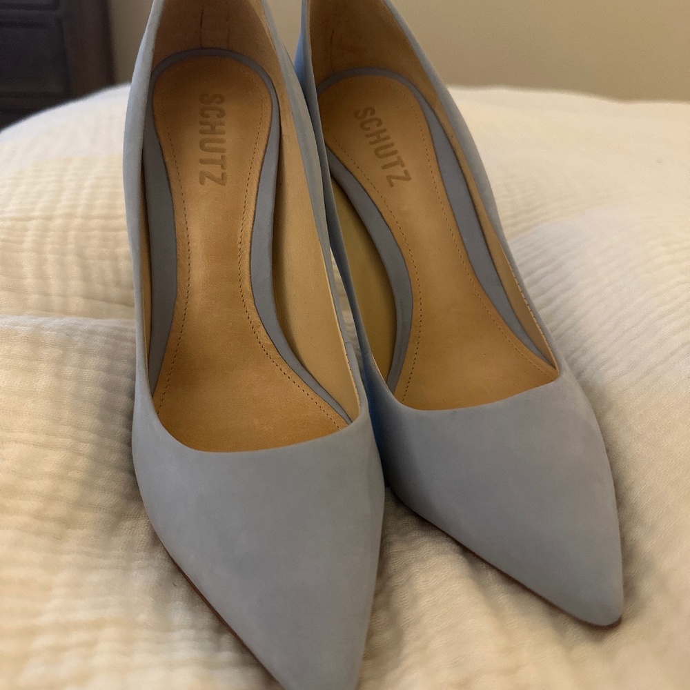 SCHUTZ Gilberta Heel Pump Blue Seude 7.5 New in Dustbag